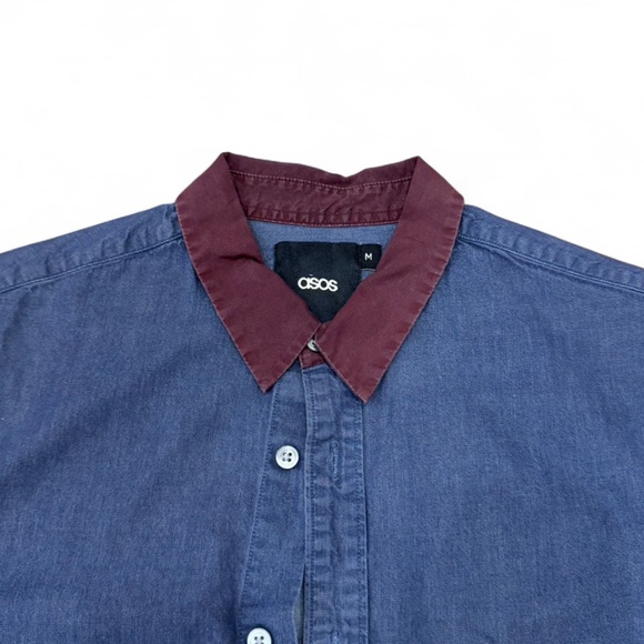 Asos - Men's Blue Denim Shirt with Maroon Collar - Picture 3 of 5